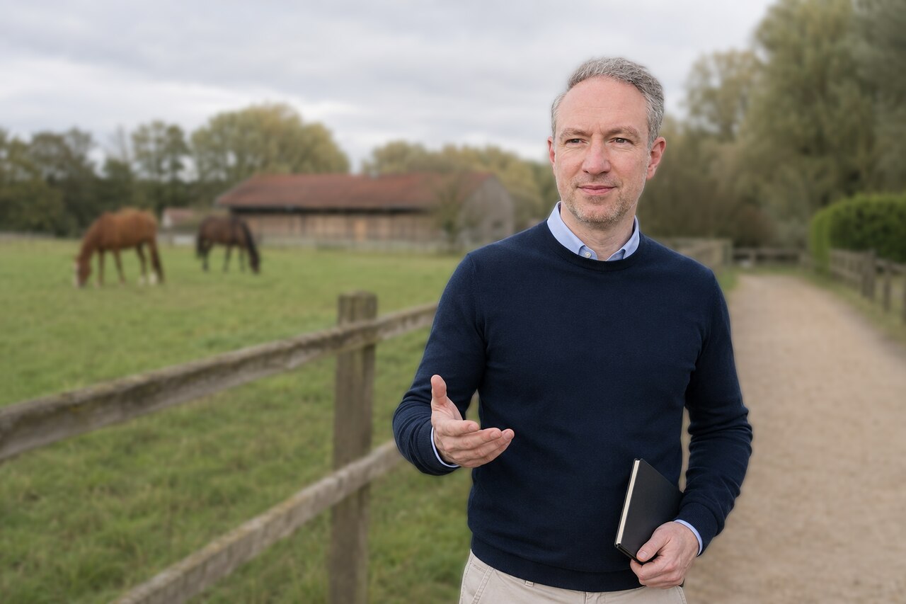 Matthias Drevs auf einem Weg neben einer Pferdeweide